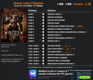 Wolcen: Lords of Mayhem Trainer for PC game version v1.1.7.4