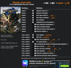 Monster Hunter: Rise Trainer for PC game version v2023.05.06