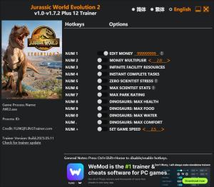 Jurassic World Evolution 2 Trainer for PC game version v1.7.2