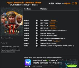 Age of Empires II: Definitive Edition Trainer for PC game version Build 85614