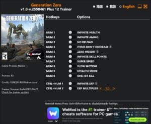 Generation Zero Trainer for PC game version v.2550461