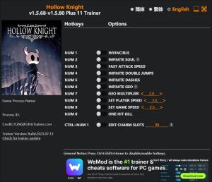 Hollow Knight Trainer for PC game version  v1.5.80