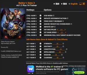 Baldur’s Gate 3 Trainer for PC game version v4.1.1