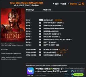 Total War: Rome Remastered Trainer for PC game version v2.0.5