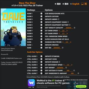 Dave The Diver Trainer for PC game version v1.0.0.1023