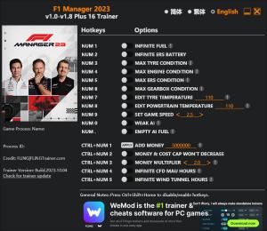 F1 Manager 2023 Trainer for PC game version v1.8