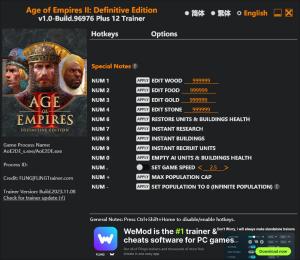 Age of Empires II: Definitive Edition Trainer for PC game version Build 96976