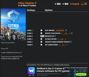 Cities: Skylines II  Trainer for PC game version v2024.01.05