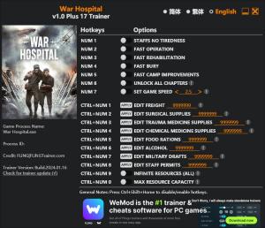War Hospital  Trainer for PC game version v1.0