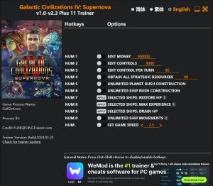 Galactic Civilizations IV: Supernova Trainer for PC game version v1.4.0