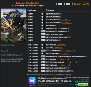 Monster Hunter: Rise Trainer for PC game version v2024.01.23