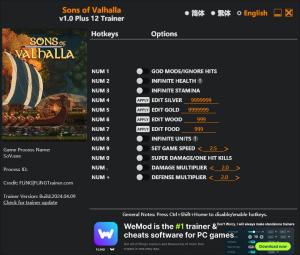 Sons of Valhalla Trainer for PC game version v1.0