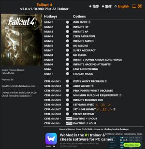 Fallout 4 Trainer for PC game version v1.10.980