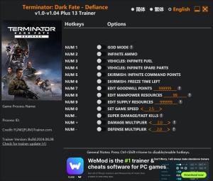 Terminator: Dark Fate – Defiance Trainer for PC game version v1.04