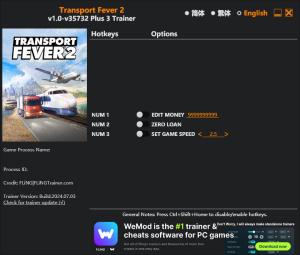 Transport Fever 2 Trainer for PC game version v35732