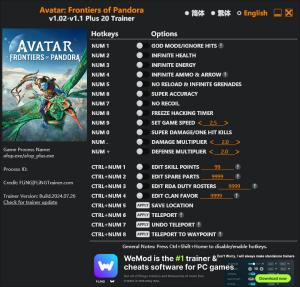 Avatar: Frontiers of Pandora Trainer for PC game version v1.1