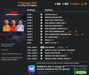 F1 Manager 2024 Trainer for PC game version v1.3