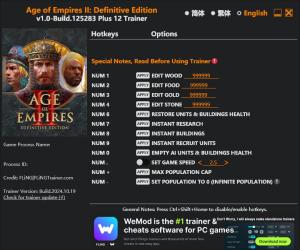 Age of Empires II: Definitive Edition Trainer for PC game version Build 125283