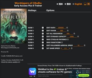 Worshippers of Cthulhu  Trainer for PC game version Early Access 2024.11.20