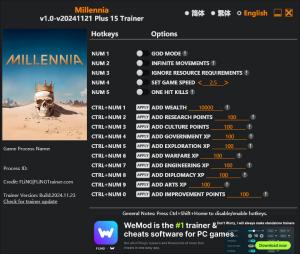 Millennia Trainer for PC game version v2024.11.23