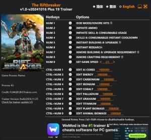 The Riftbreaker Trainer for PC game version v2024.11.23