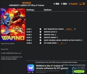 WARNO Trainer for PC game version v2024.11.29