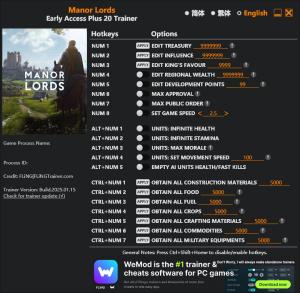 Manor Lords Trainer for PC game version Early Access 2025.01.15