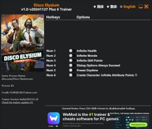 Disco Elysium Trainer for PC game version v2025.01.26