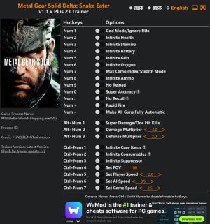 Metal Gear Solid Delta: Snake Eater Trainer + 23 v1.1.x {FLiNG}