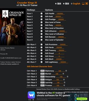Crusader Kings III Trainer +23 v1.18 {FLiNG}