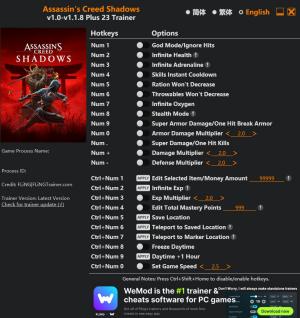 Assassin’s Creed Shadows Trainer +23 v1.1.8 {FLiNG}