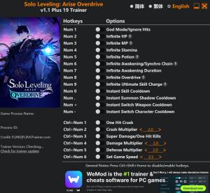 Trainer for PC game version v1.1