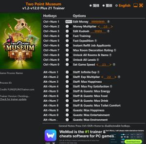 Trainer for PC game version v12.0